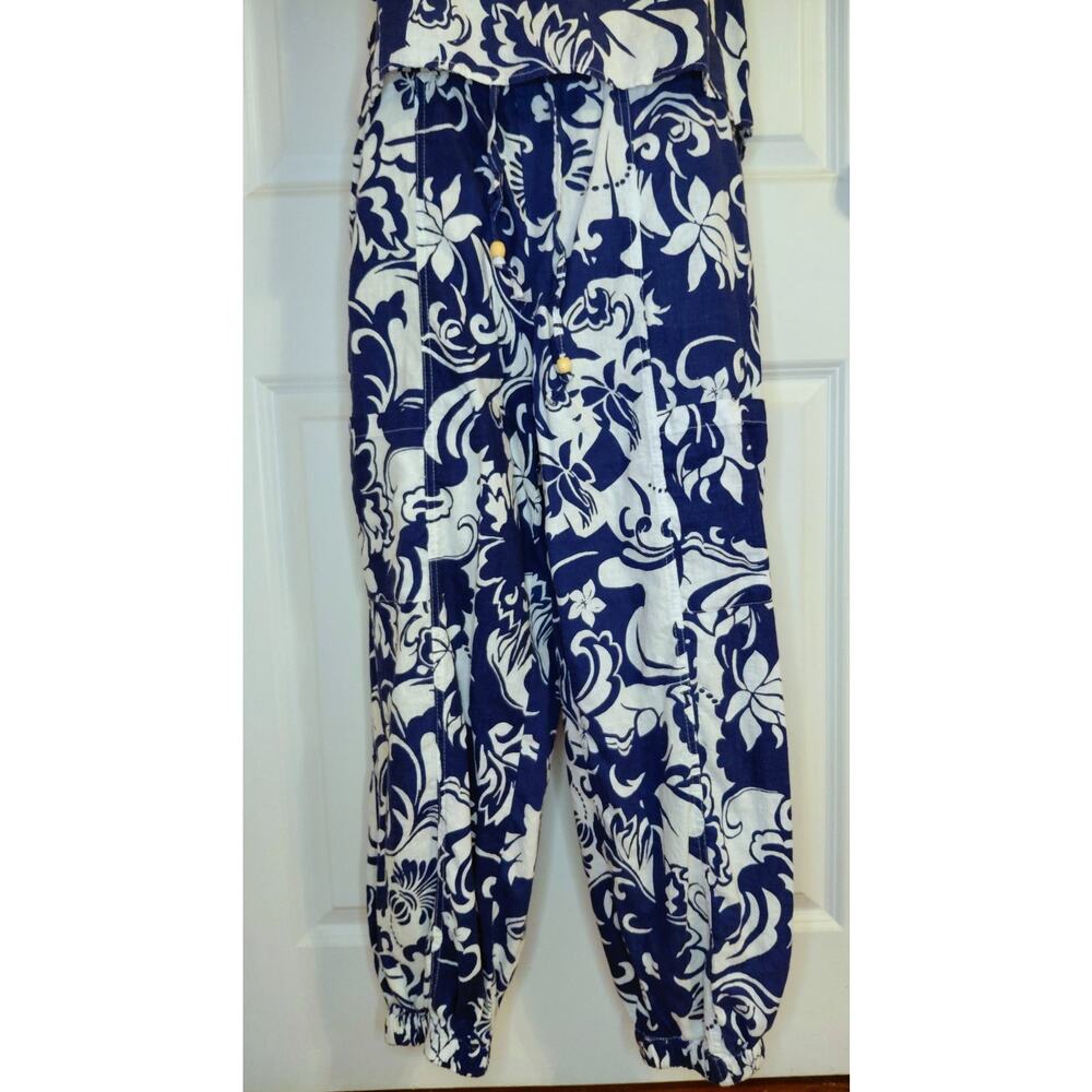 Christian Siriano Blue White Floral Resort Lounge Set Small Beaded Boho Linen - Picture 4 of 16